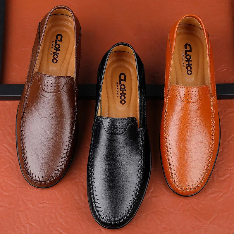 Pair of cowhide men's business casual leather shoes with round toe and rubber sole