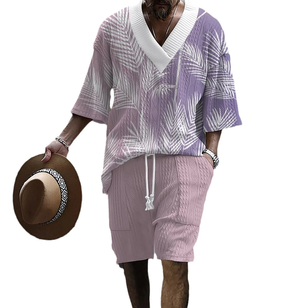 Men's printed drop-shoulder knitted shorts suit with short sleeve top and matching lounge shorts