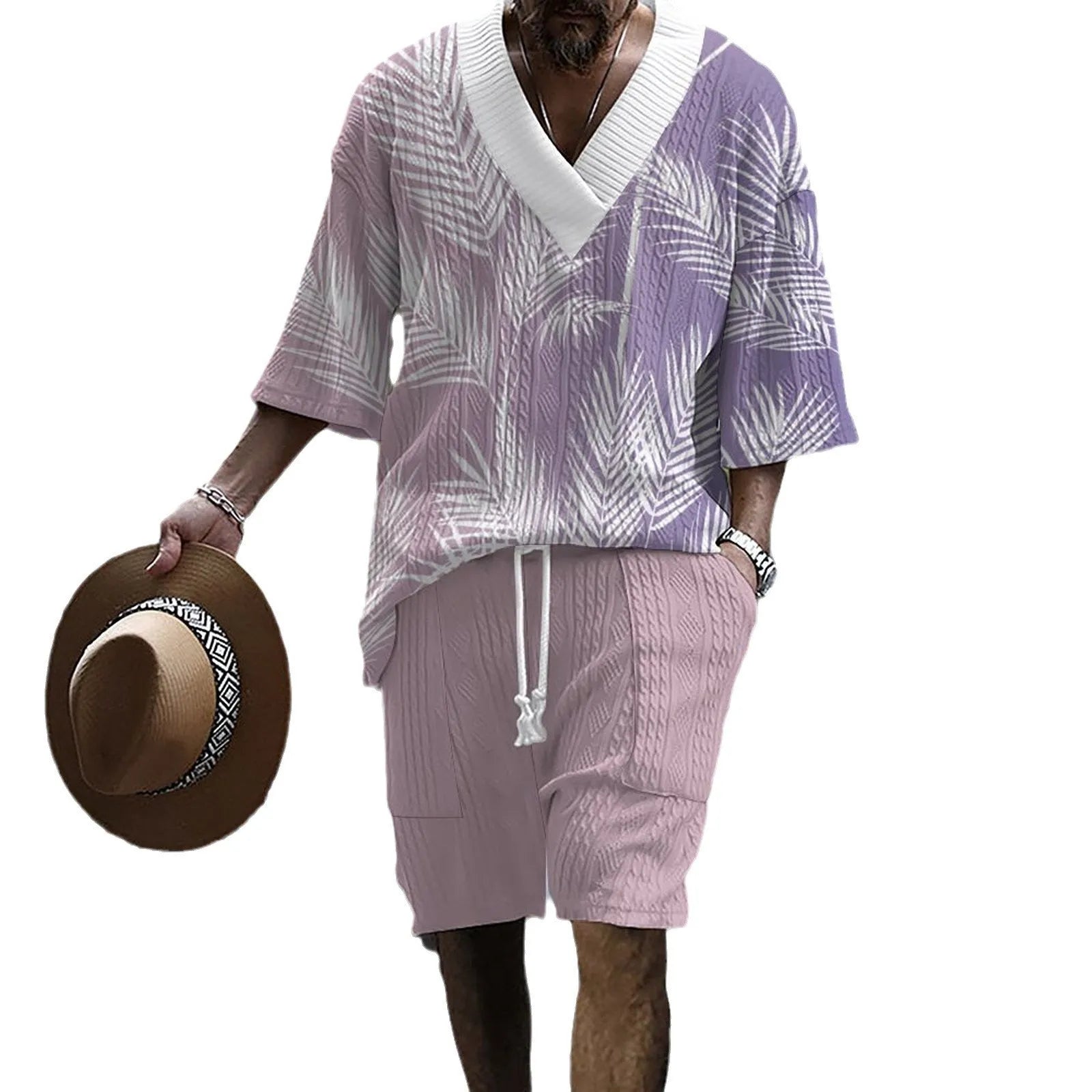 Men's printed drop-shoulder knitted shorts suit with short sleeve top and matching lounge shorts