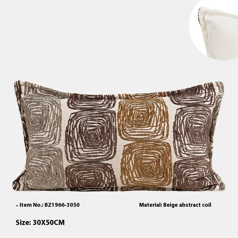 Abstract coil pattern cushion cover in cream and coffee colours, shown in square and rectangular sizes