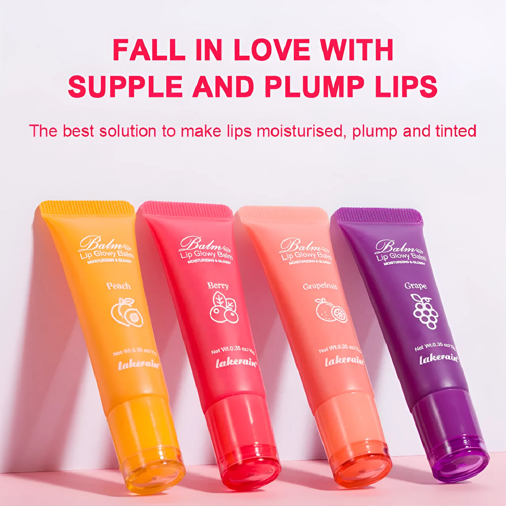 Women's natural finish lip gloss in yellow peach, berry, pomelo, and grape flavour colours.