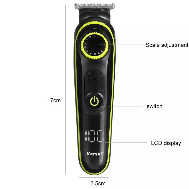 Black KM-696 rechargeable electric hair clipper with stainless steel blades on a white background.