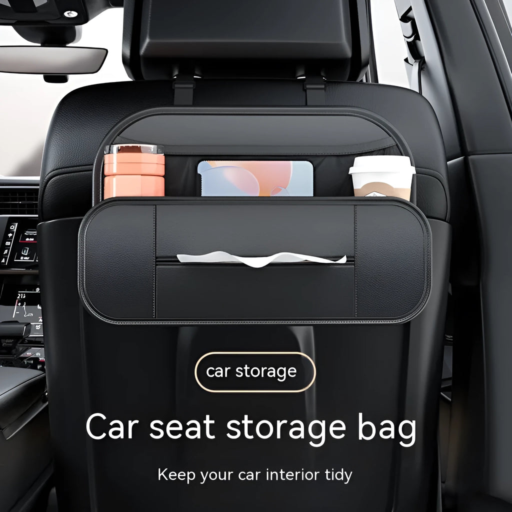 Black genuine leather car seat back storage bag with multiple compartments