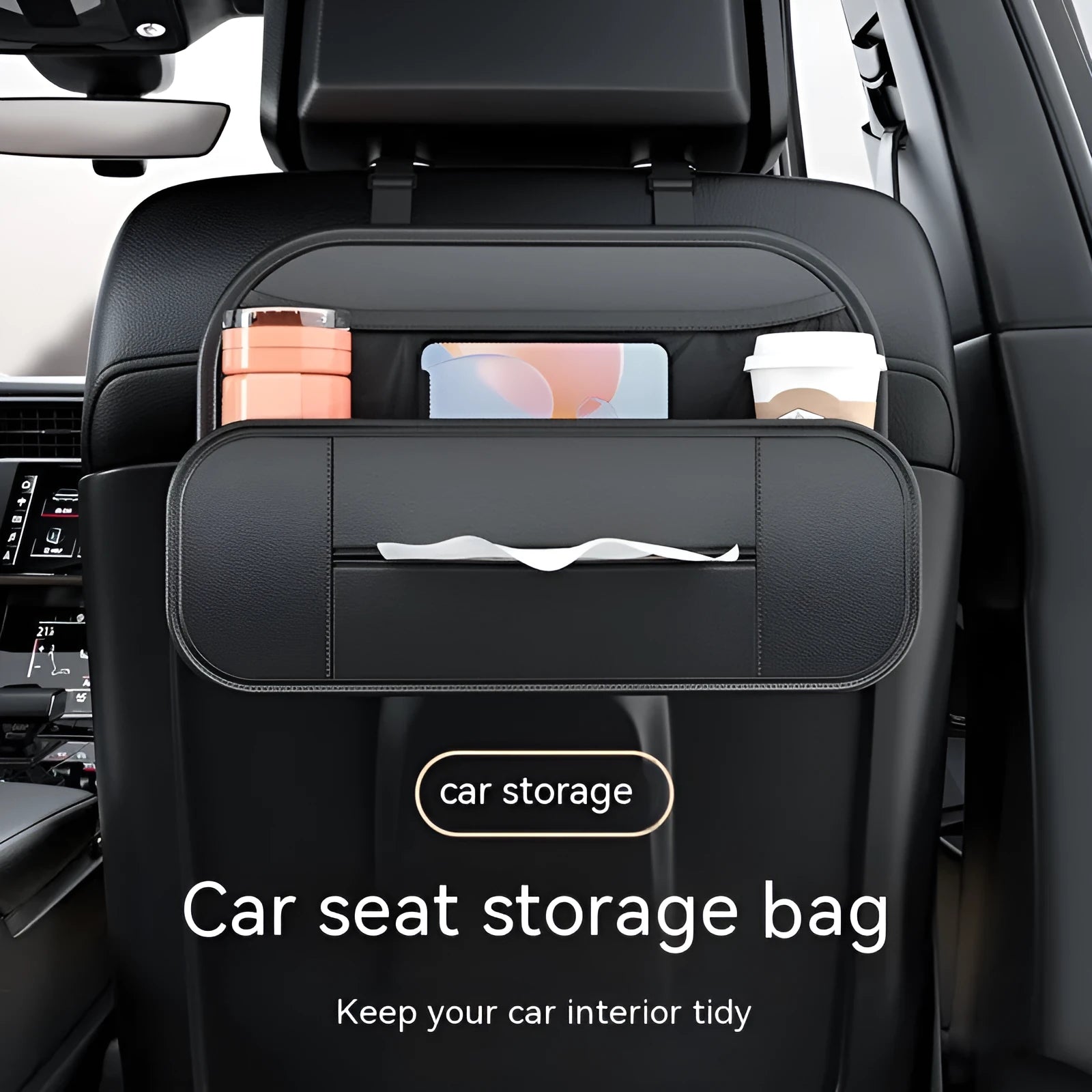 Black genuine leather car seat back storage bag with multiple compartments