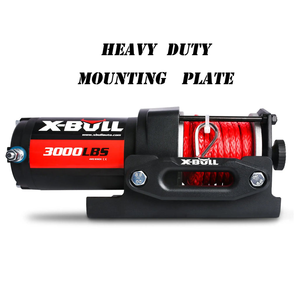 Black electric winch with nylon rope and mounting plate for off-road vehicle recovery
