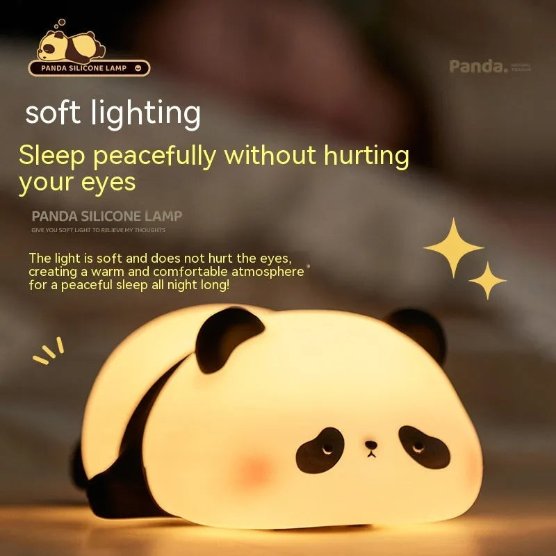 Cartoon panda head night light with silicone construction and warm white glow