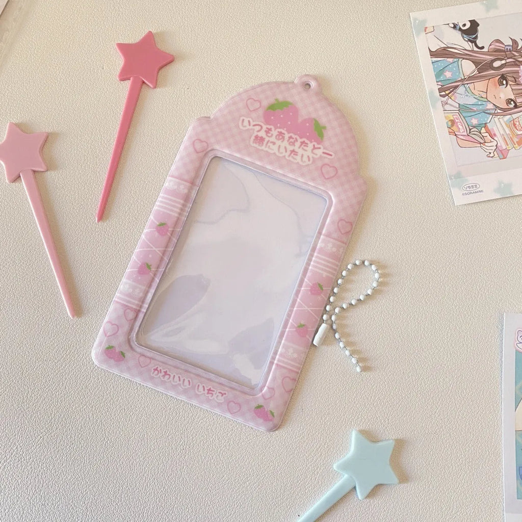 Cartoon strawberry or four-leaf clover PVC meal card holder measuring 7.6cm by 13.6cm