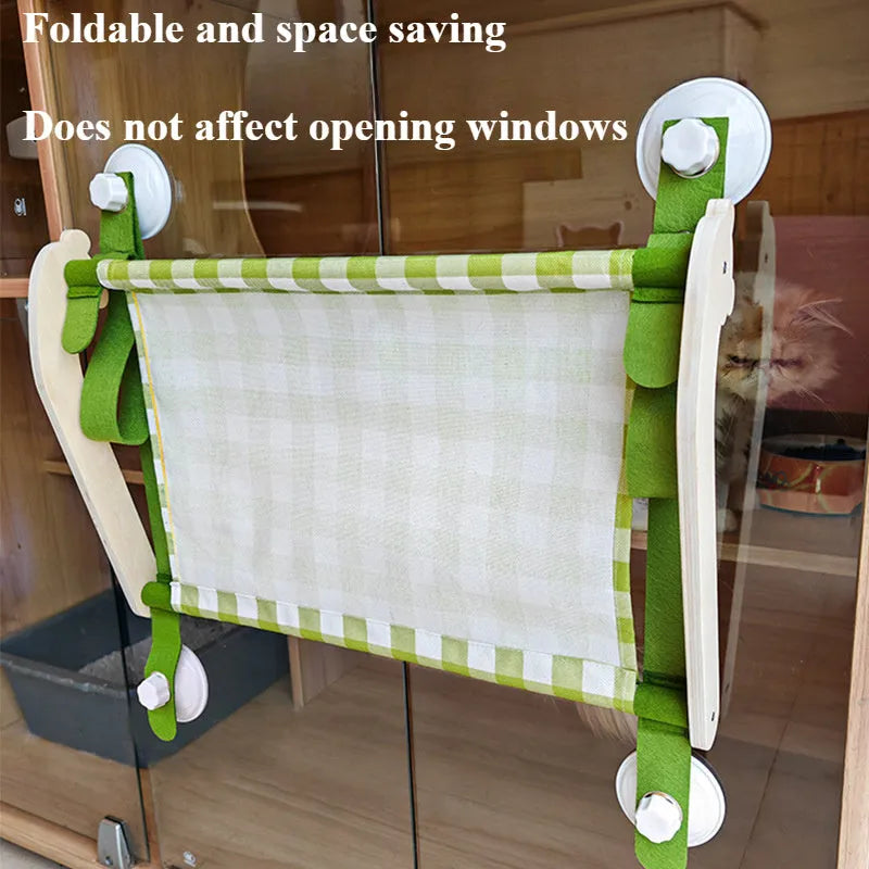 Cat window hammock with wooden frame and linen fabric, secured by four suction cups, in pink colour option