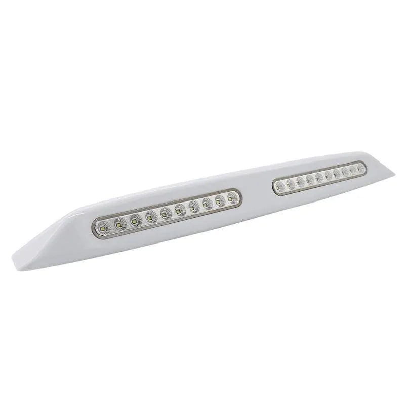 Silver aluminium caravan porch light with white LED mounted on exterior wall