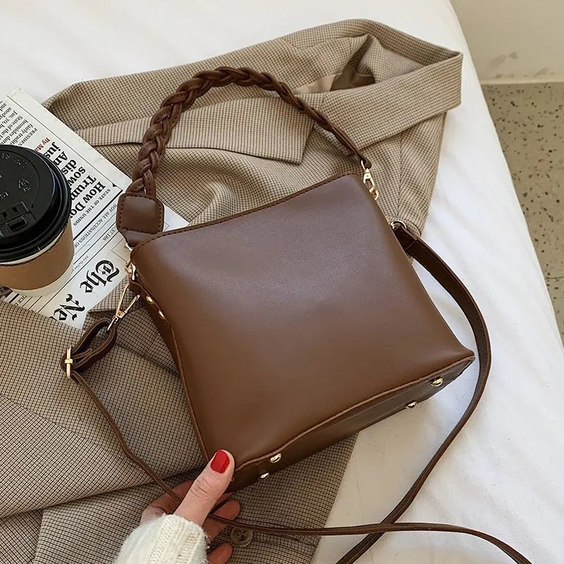 Retro woven PU leather crossbody bucket bag in khaki, black or brown colours