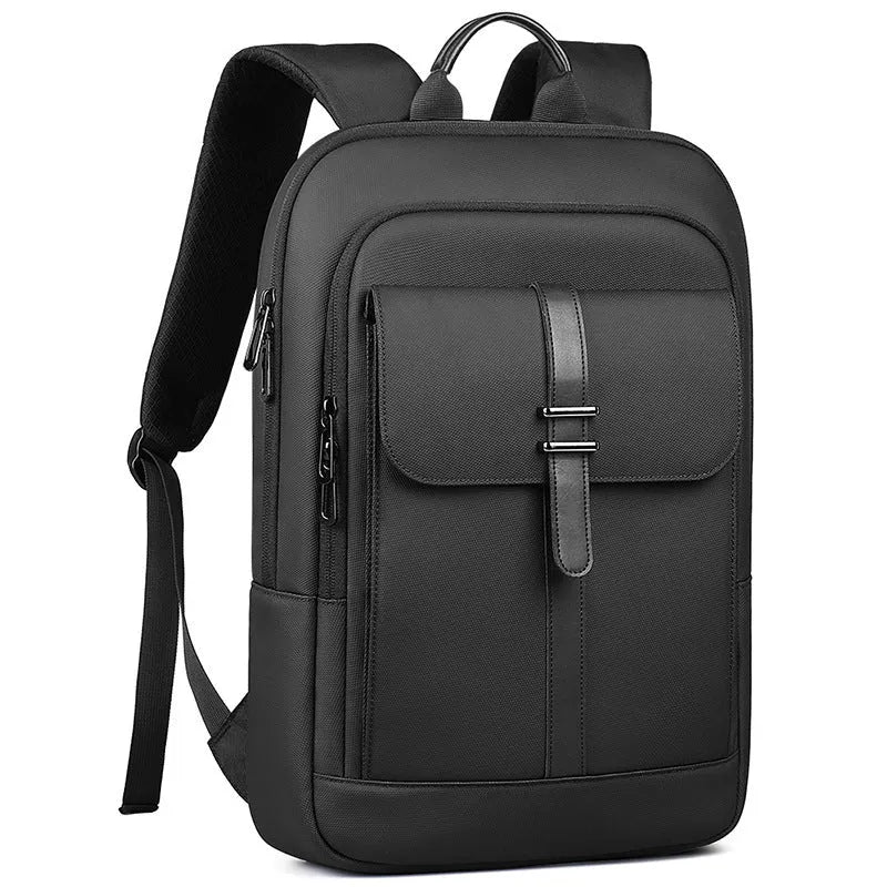 Black lightweight Oxford cloth backpack with urban simple style and polyester lining.