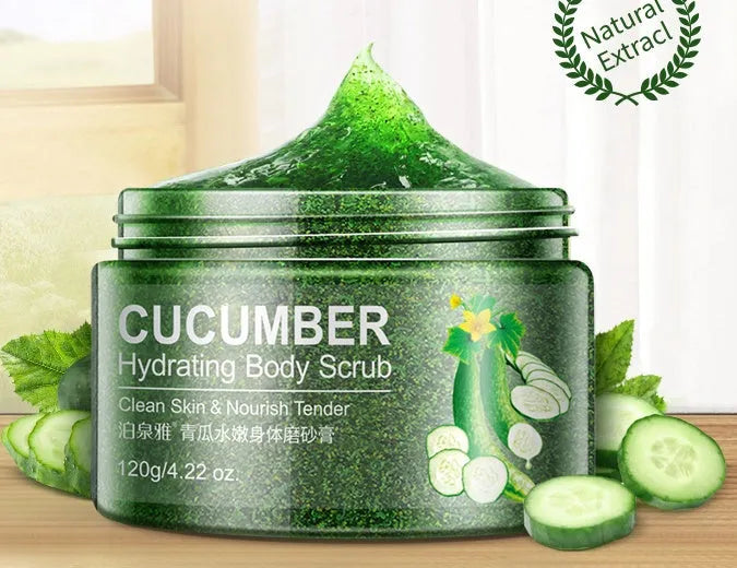 Green cucumber facial scrub jar for skin brightening and gentle exfoliation