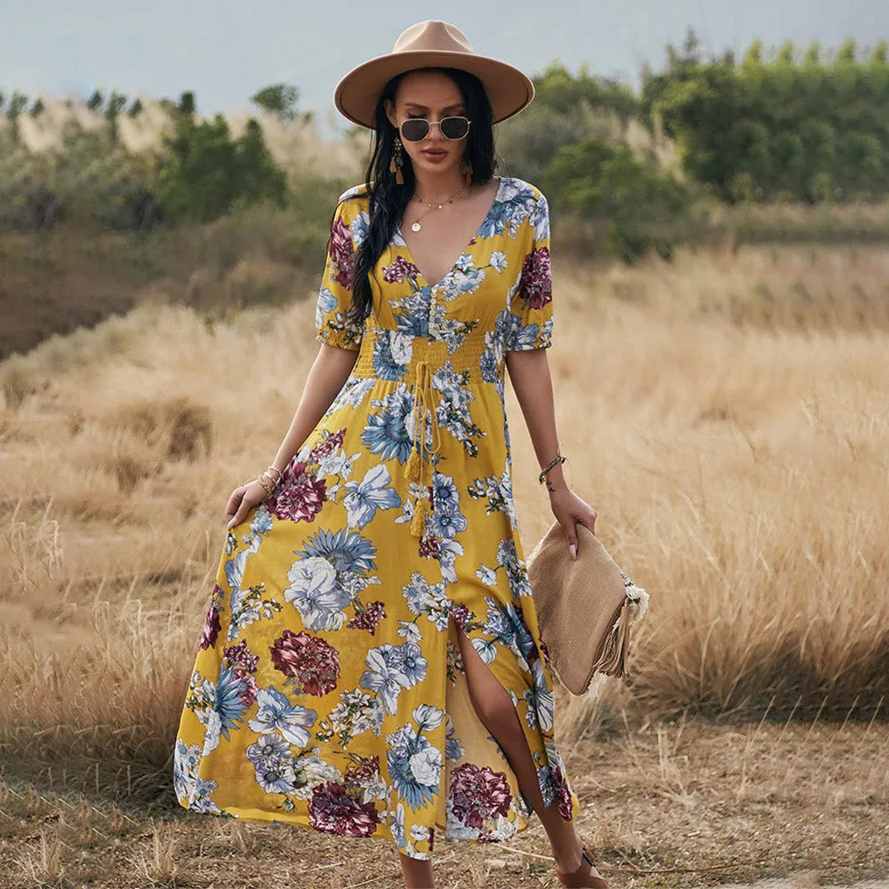 Floral print summer beach dress for women with V-neck and elastic high waist