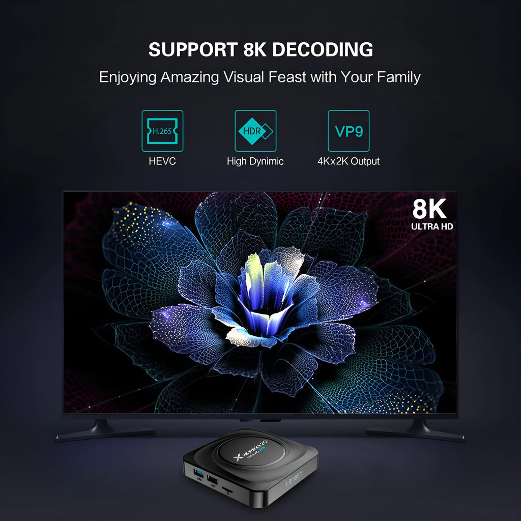 Set-top dual-band WiFi Bluetooth TV box with Android 11.0 and HDMI output, 100x100x1 mm