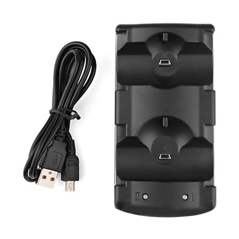 Black plastic dual USB charging dock for PlayStation 3 controllers and Move navigation controllers.