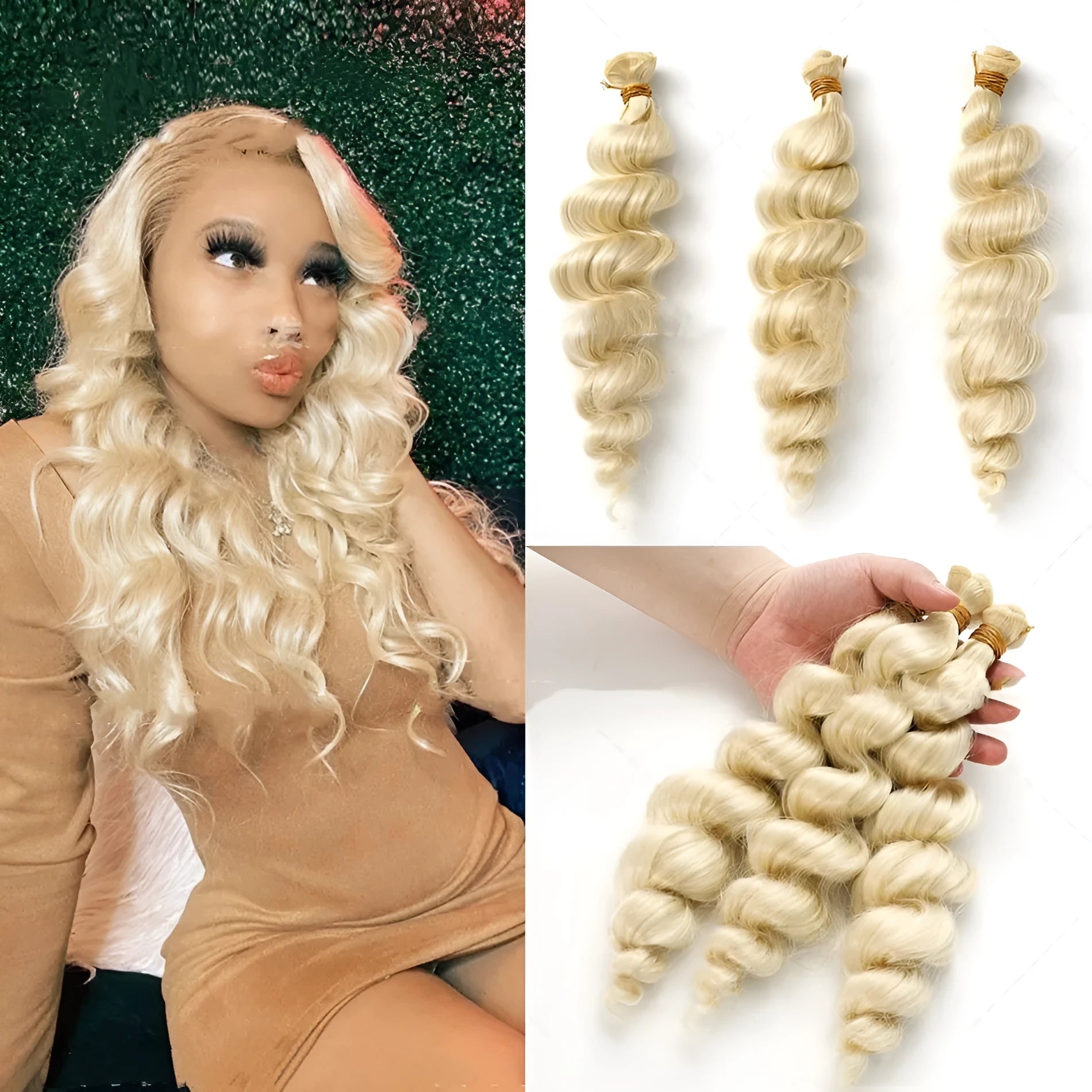 Golden synthetic hair weft wig in three lengths: 18in, 20in, and 22in