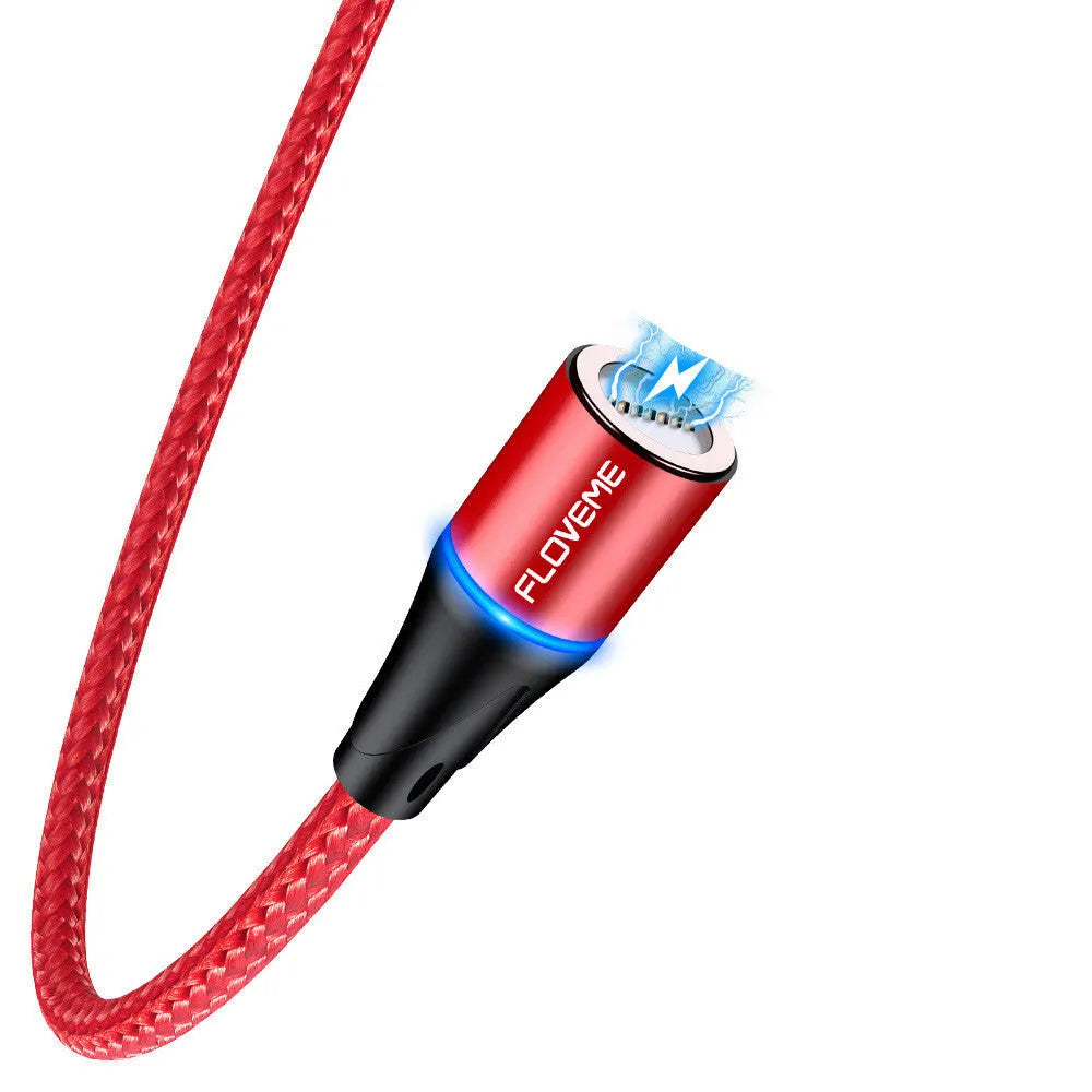 Black magnetic data cable with USB-C connector and side LED light, laid flat next to its aluminium foil packaging.