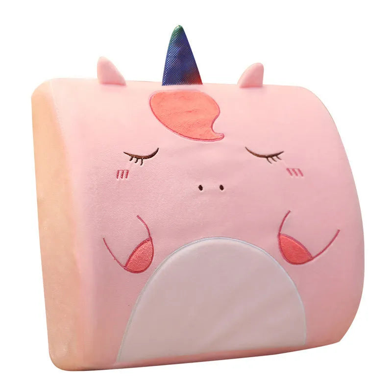 Cartoon-themed seat back cushion with removable memory foam core, shown in pink unicorn design.