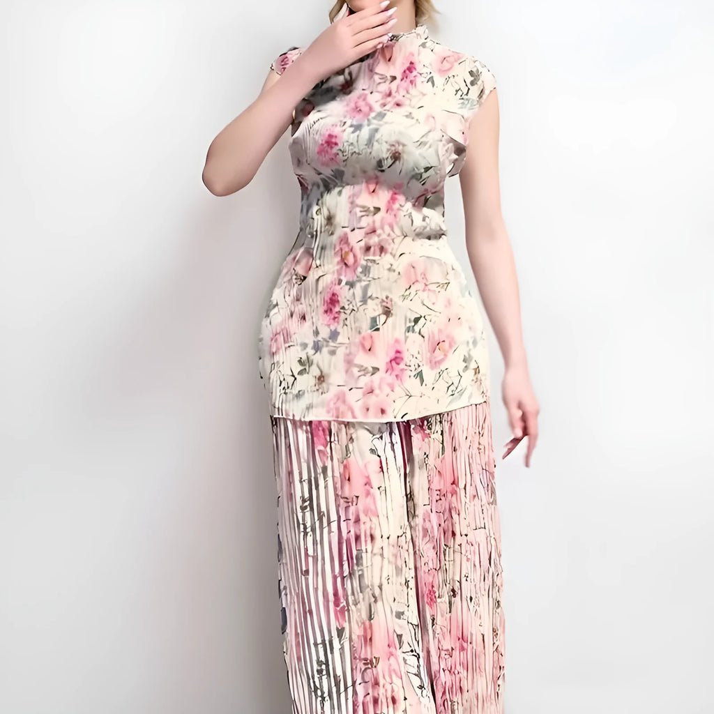 Women's floral printed chiffon dress set with high waist skirt and long sleeve matching top