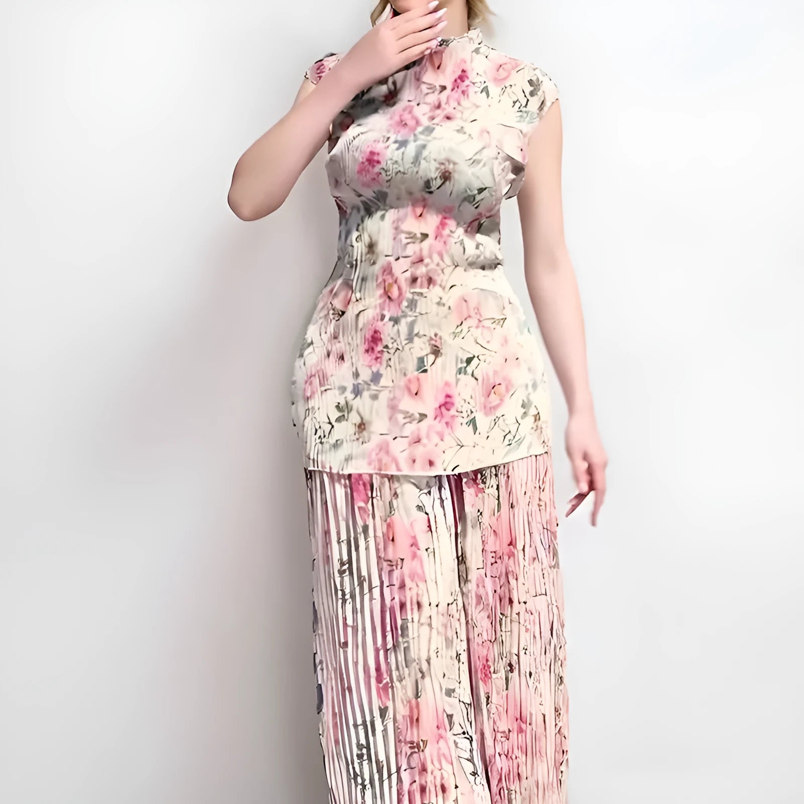 Women's floral printed chiffon dress set with high waist skirt and long sleeve matching top