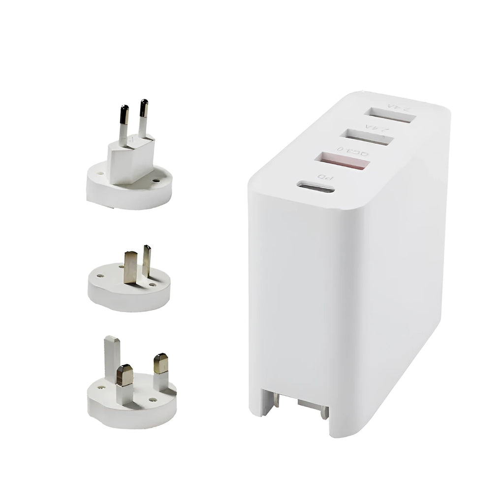 Black four-port USB-C wall charger with UK, EU, US, and AU plug adapters