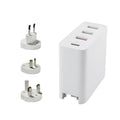 Black four-port USB-C wall charger with UK, EU, US, and AU plug adapters