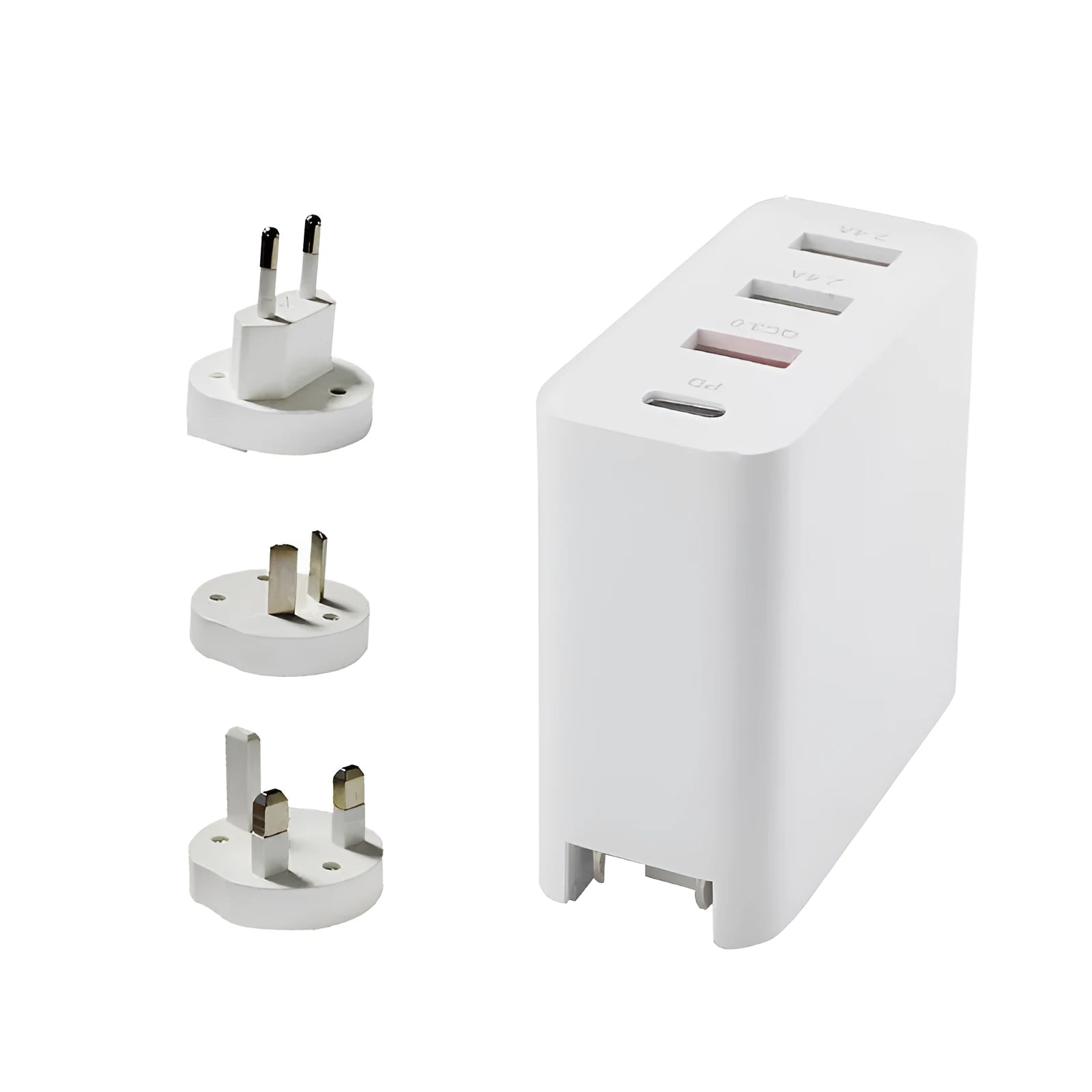 Black four-port USB-C wall charger with UK, EU, US, and AU plug adapters