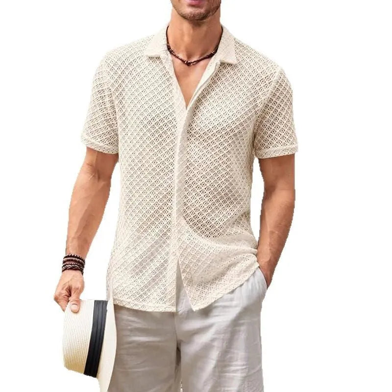Men's short sleeve lapel shirt with mesh panels in beige, black, or white colour options
