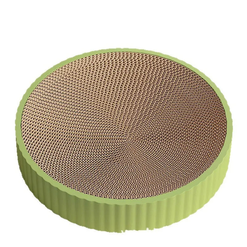 Round green and white cat scratching board with replaceable refills, 55cm diameter