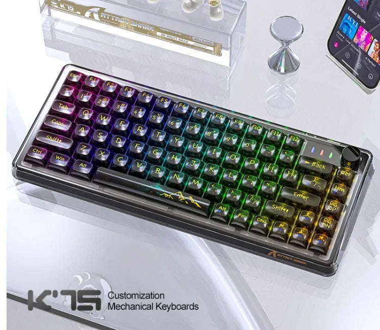 Attack Shark K75 RGB transparent mechanical keyboard showing lighting through polycarbonate housing