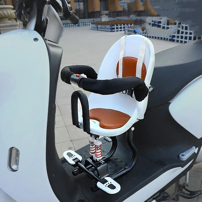 Front-mounted high carbon steel child seat for battery scooters in black, red, or white.