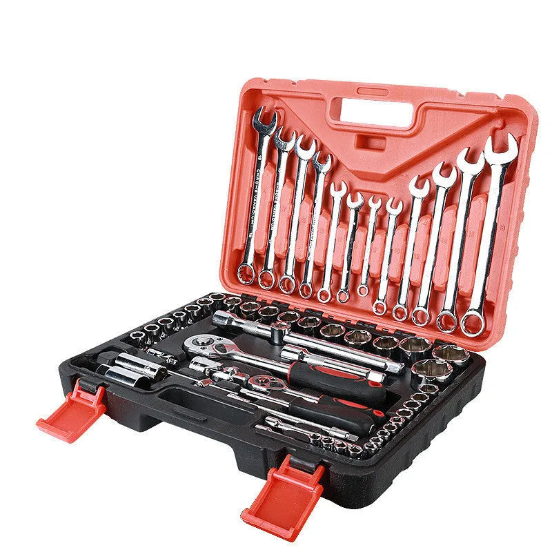 61-piece chrome vanadium socket wrench set with ratchets and metric sockets for auto repair.