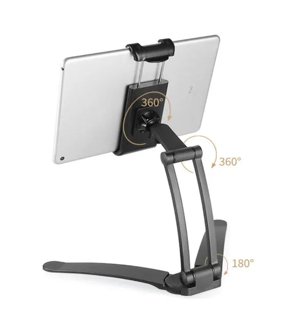 Silver aluminum desktop tablet stand with white ABS base, showing adjustable clip holding a tablet.