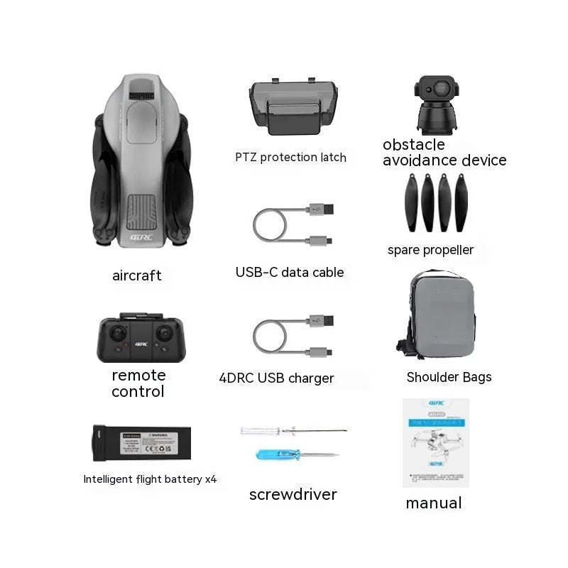 White folding quadcopter drone with camera, remote control, shoulder bag, and flight batteries on a neutral background.