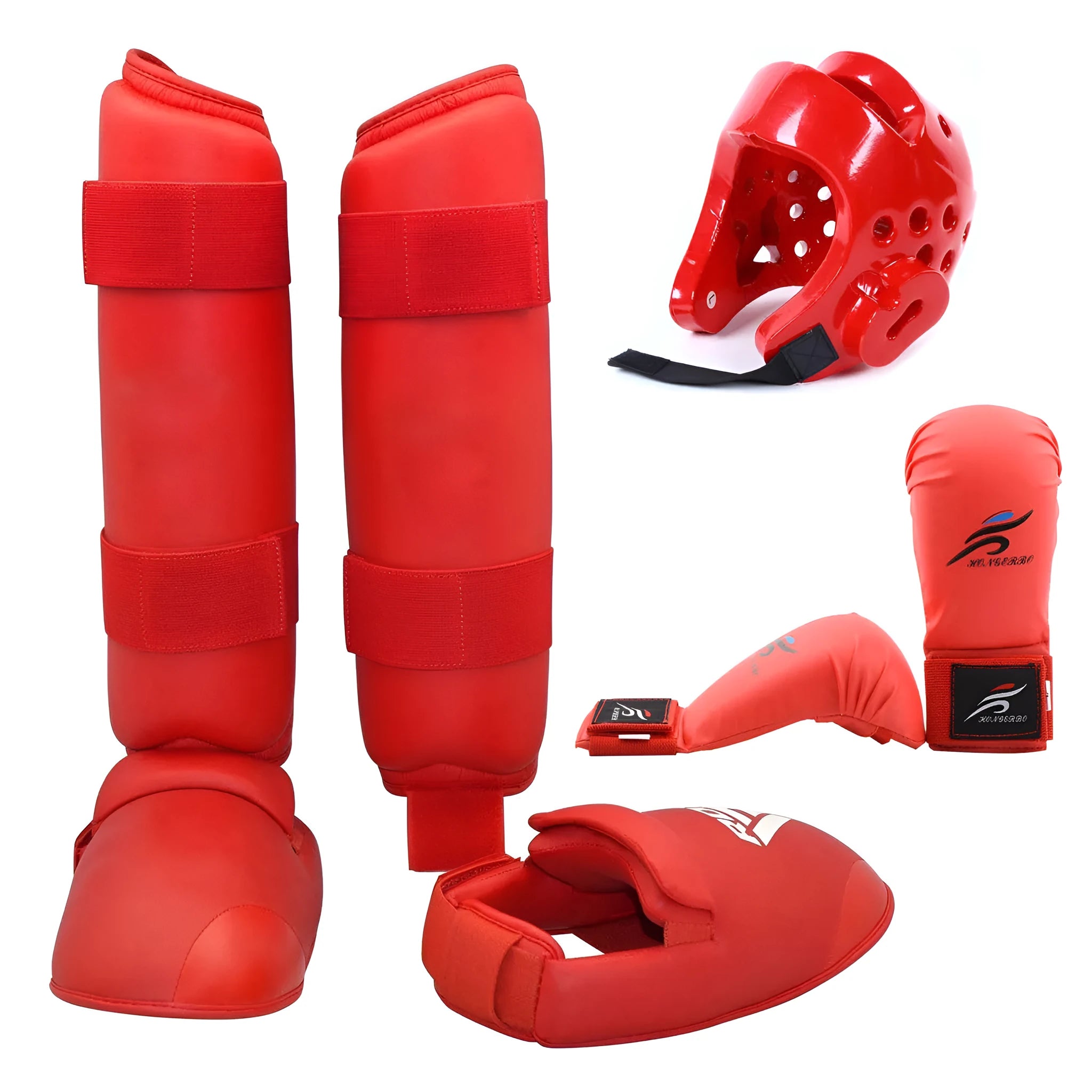 Blue karate protective gear set showing PU leg guard, helmet, and boxing gloves on a grey background.
