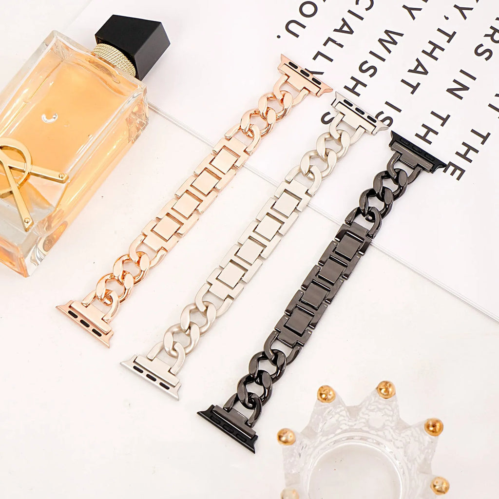 Metal chain link watch strap for Apple Watch in silver, black, gold, rose gold, or Starlight colour.