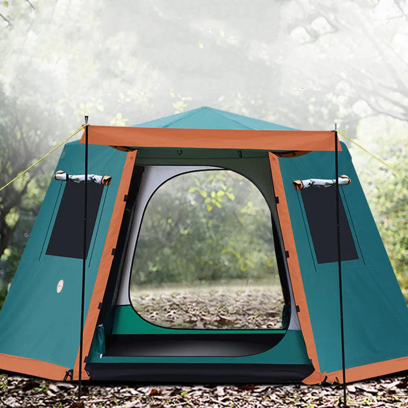 Outdoor fully automatic camping tent in green with all-aluminium frame and snow skirt