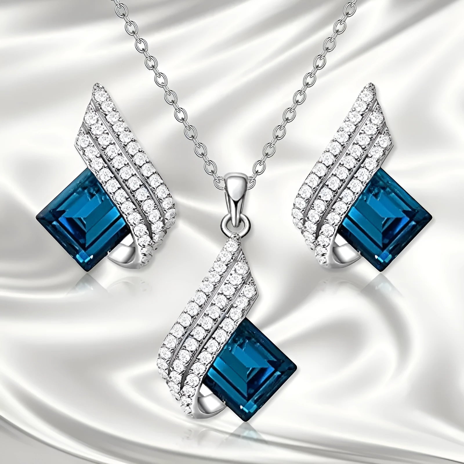 Women's electroplated alloy necklace and earrings set with glass pendant in European American style