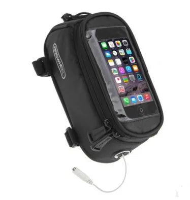 ROSWHEEL black bicycle frame bag mounted on a bike, holding a mobile phone.