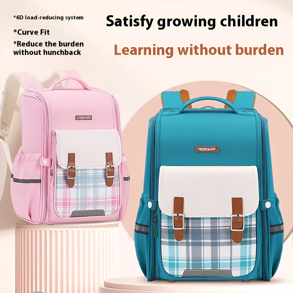 Oxford cloth student backpack in beige, large size, shown as a lightweight schoolbag for Grade 5-6.