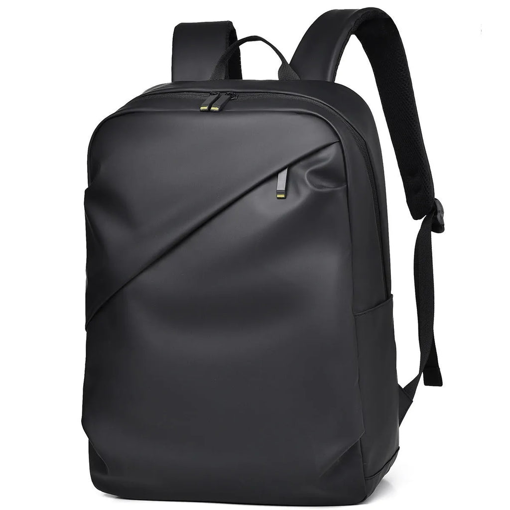 Waterproof PU leather men's backpack in black, blue and grey colour options showing large capacity design
