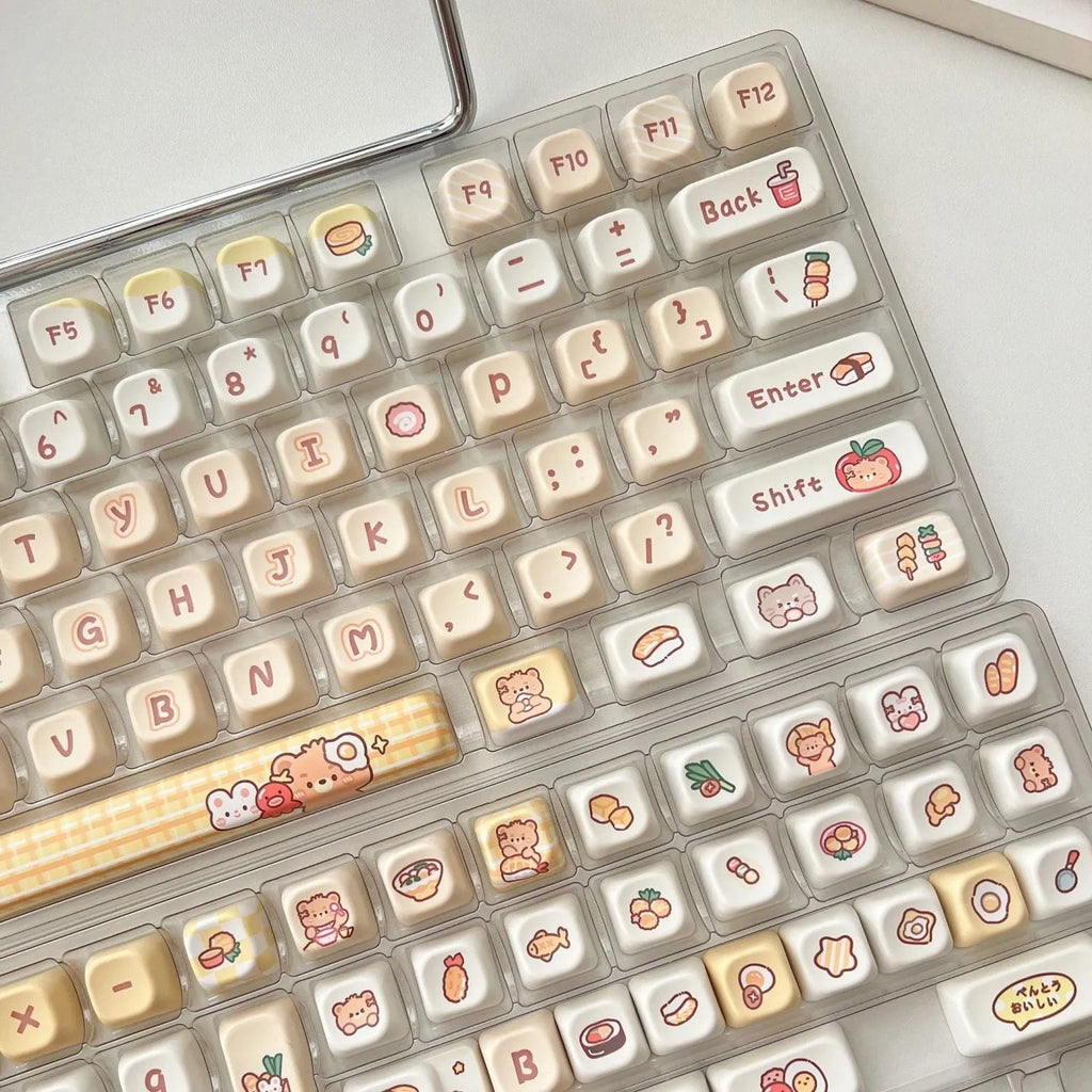 140 PBT plastic keycaps with Rabbit Bear Restaurant designs and EOA height profile for mechanical keyboards