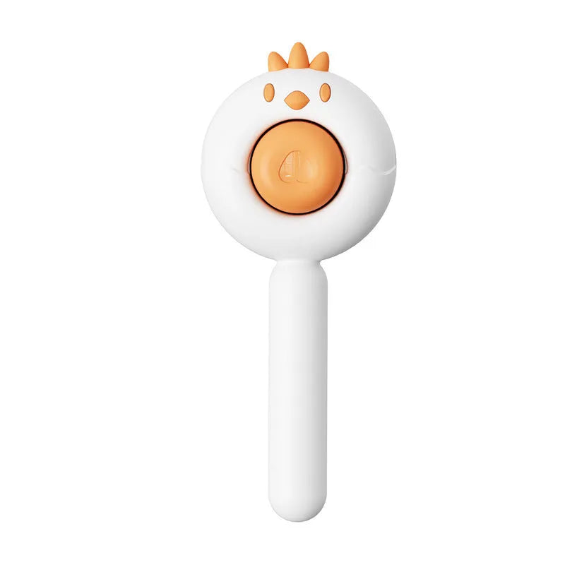 Purple, white, or yellow self-cleaning pet grooming brush with bent stainless steel bristles.