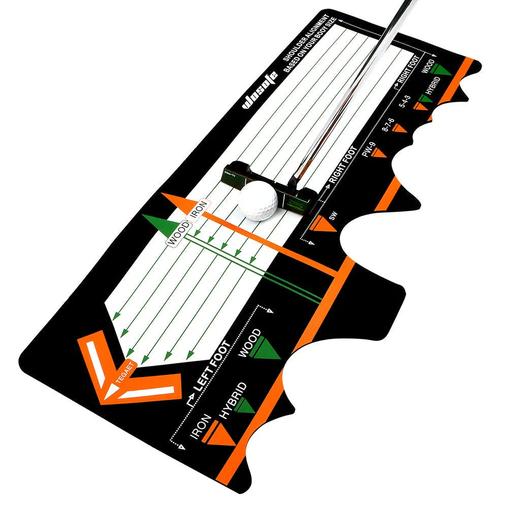 Black neoprene golf swing stance positioning pad measuring 22.5cm for training alignment