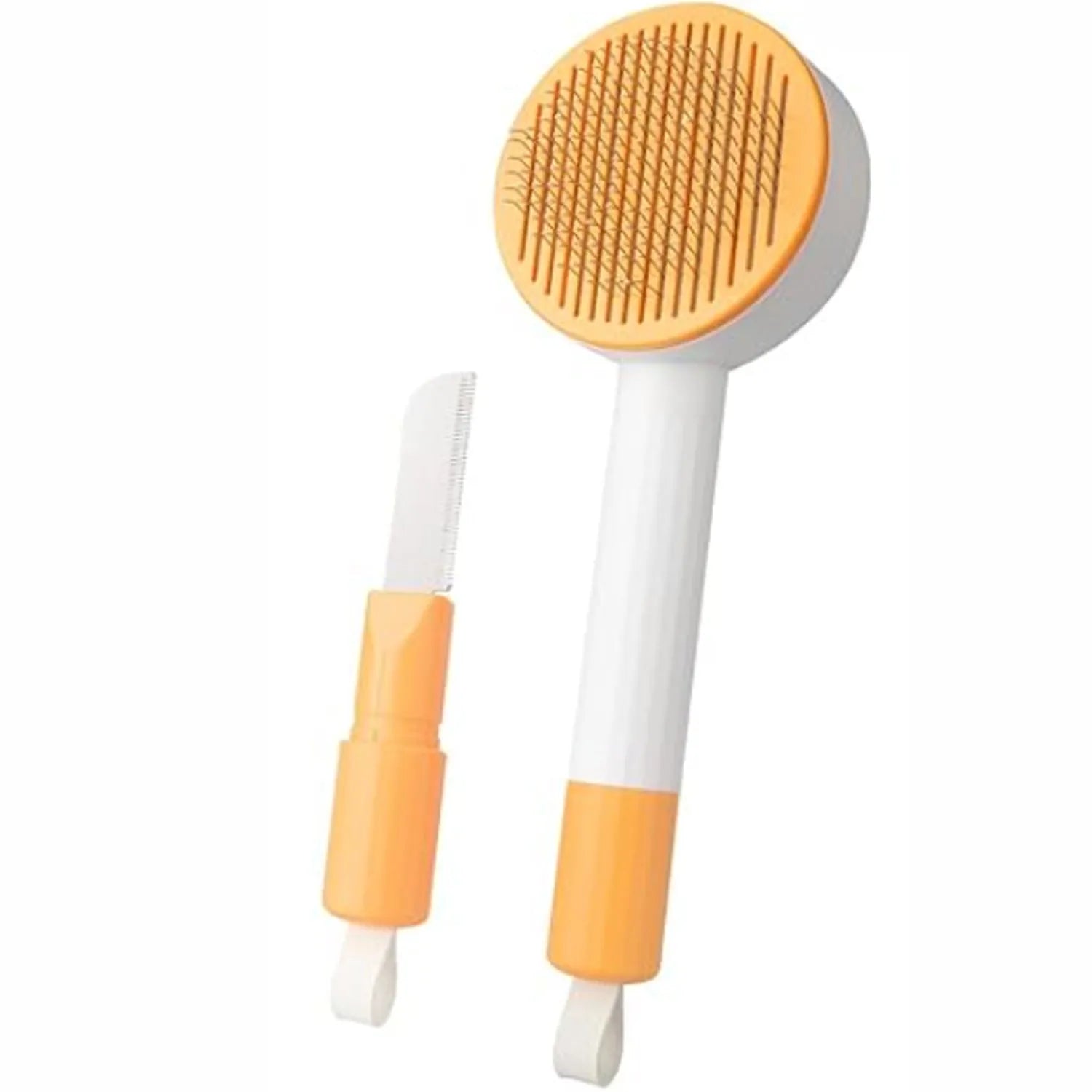 Green and yellow pet grooming brush with stainless steel teeth for cats and dogs