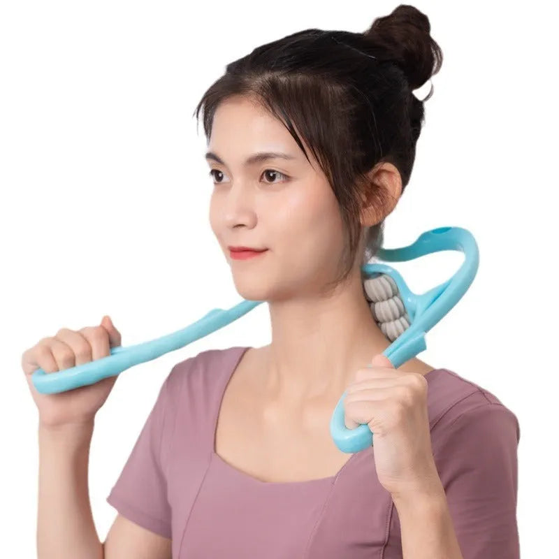 Blue plastic six-wheel handheld massager for neck, shoulder and waist