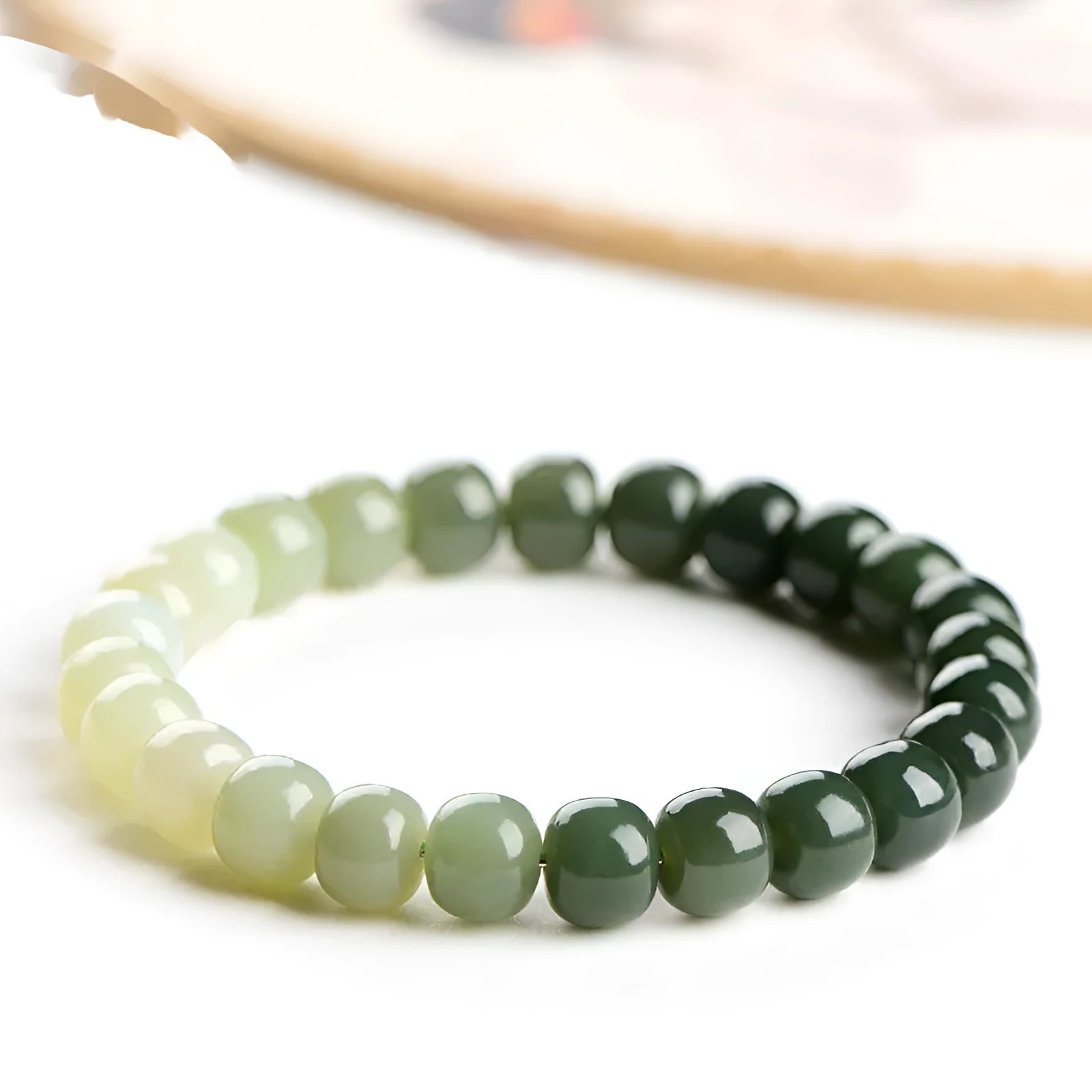 Natural Hetian jade bracelet with polished gradient clear water beads in unisex casual style