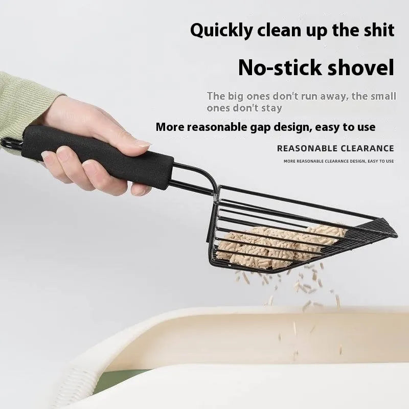 Black metal cat litter scoop with narrow tines for sifting waste from litter.