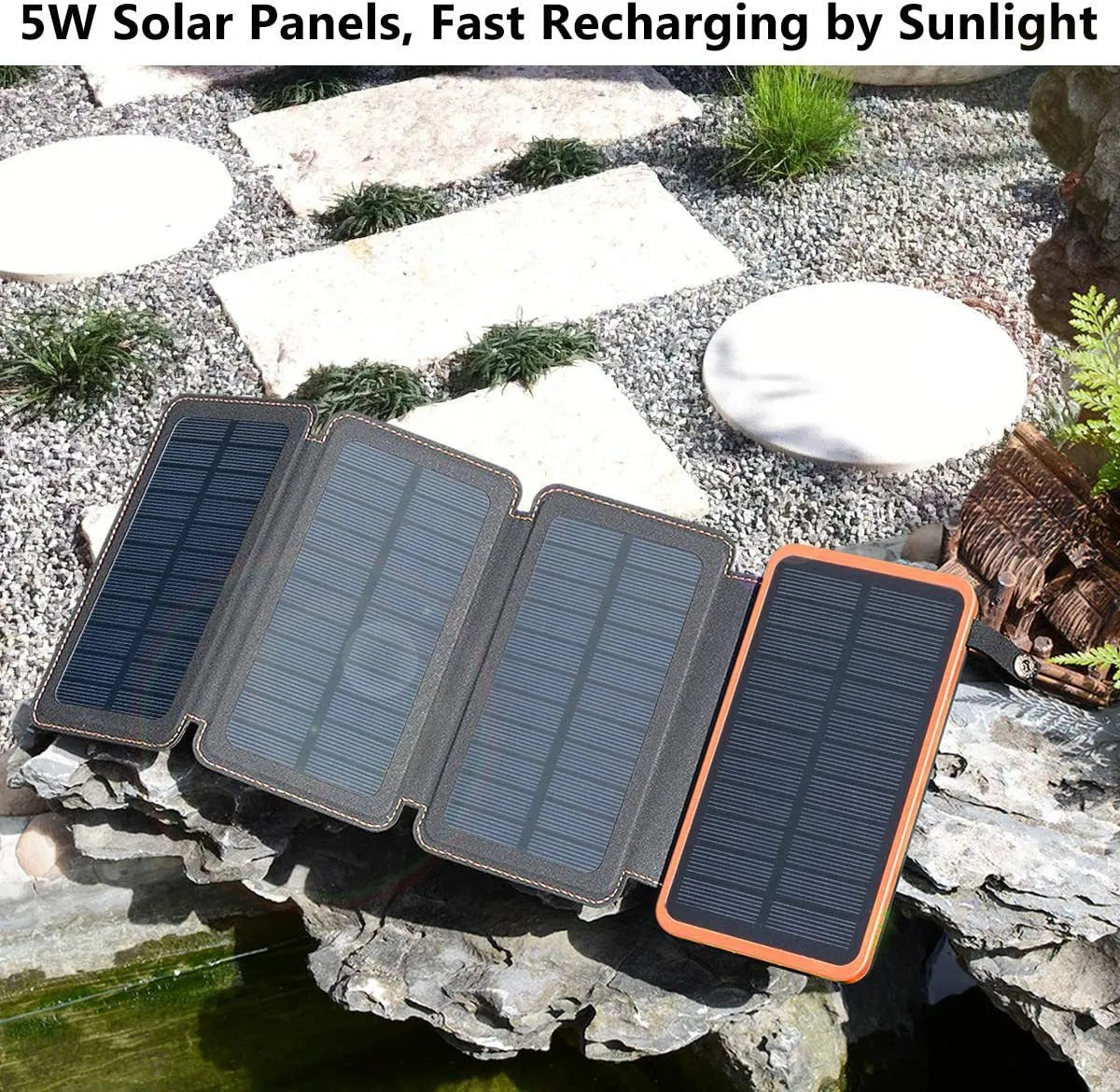 Outdoor rainproof solar phone charger with LED light in black, blue, green, or orange