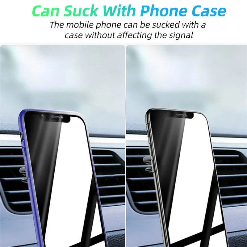 Black magnetic car phone holder attached to car air vent with phone mounted and adjustable rotation